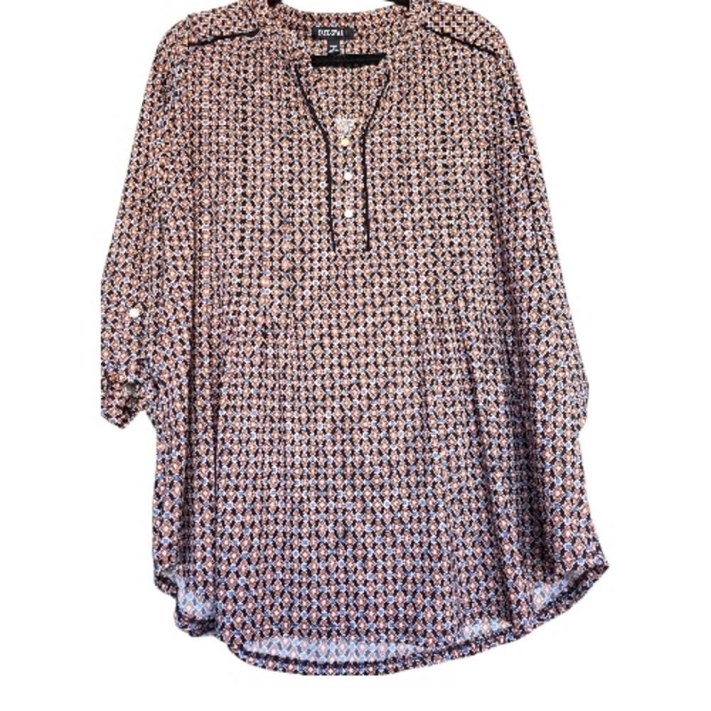 Roz & Ali Loft Geometric Patterned Blouse Brown & Blue Size 1x Chest 24"-26"